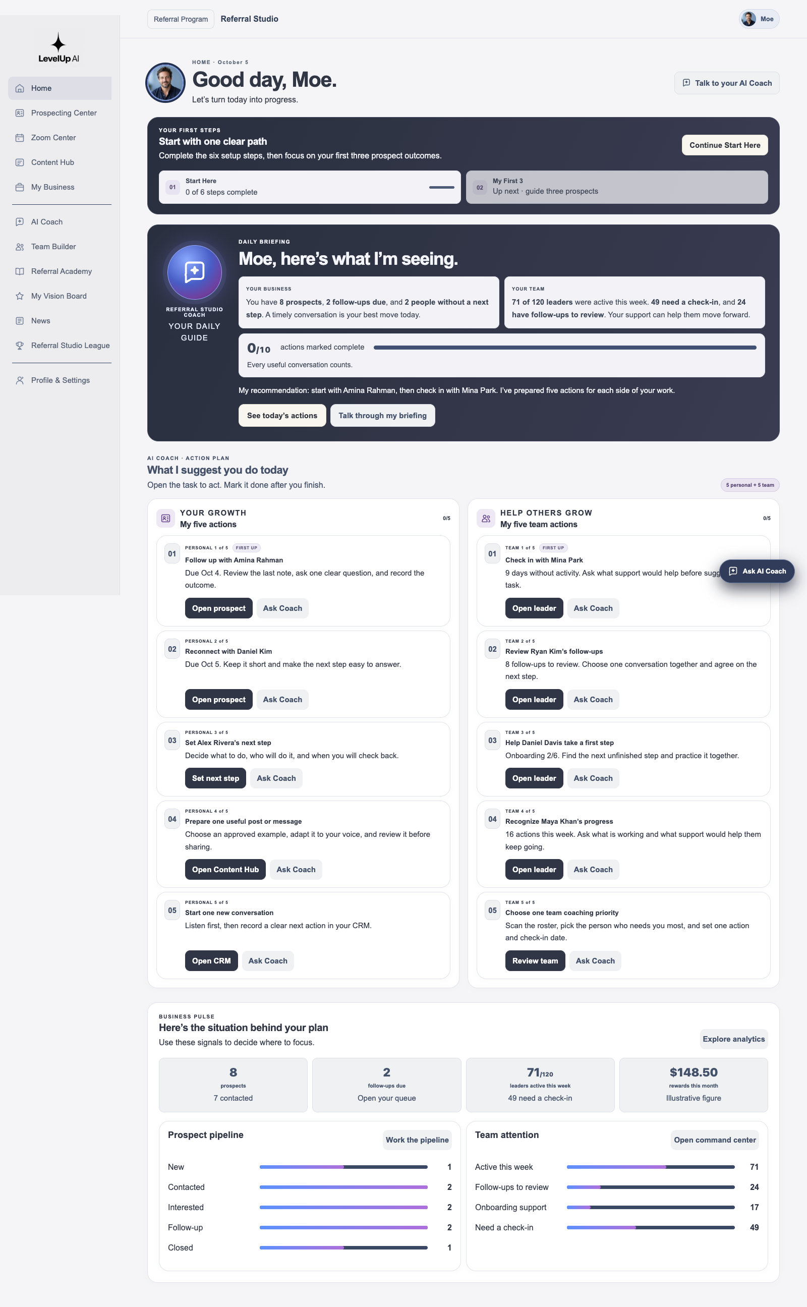 Referral Studio AI workspace prototype