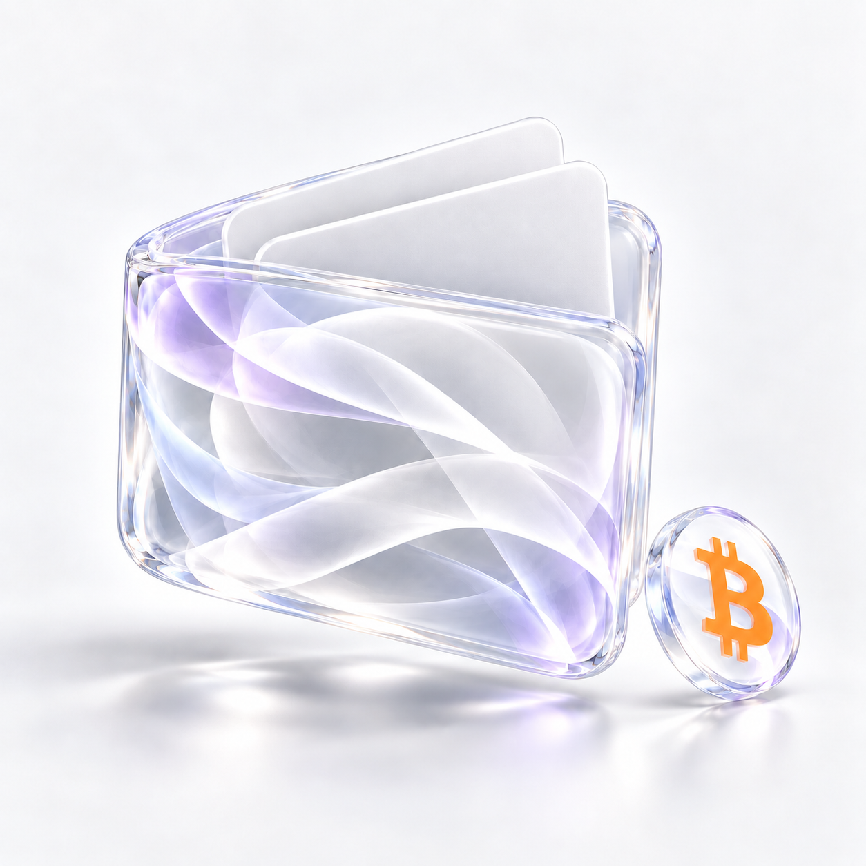 Clear glass wallet with an orange Bitcoin coin